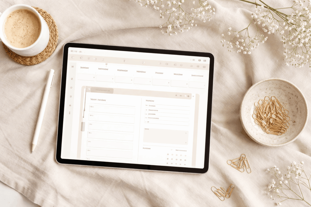 Digitaler minimalistischer Planer auf einem Tablet mit beigen Hintergrund
