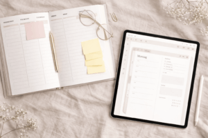 Digitaler minimalistischer Planer auf einem Tablet mit beigen Hintergrund