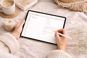 Digitaler minimalistischer Planer auf einem Tablet mit beigen Hintergrund
